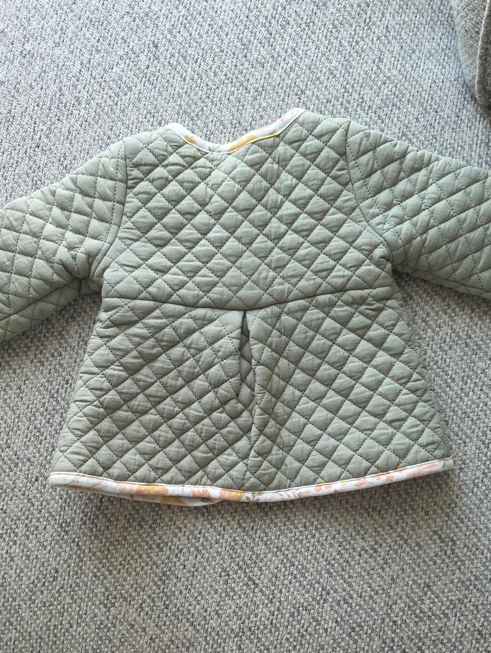 Quilted Sage Green Baby Jacket with Floral Trim
